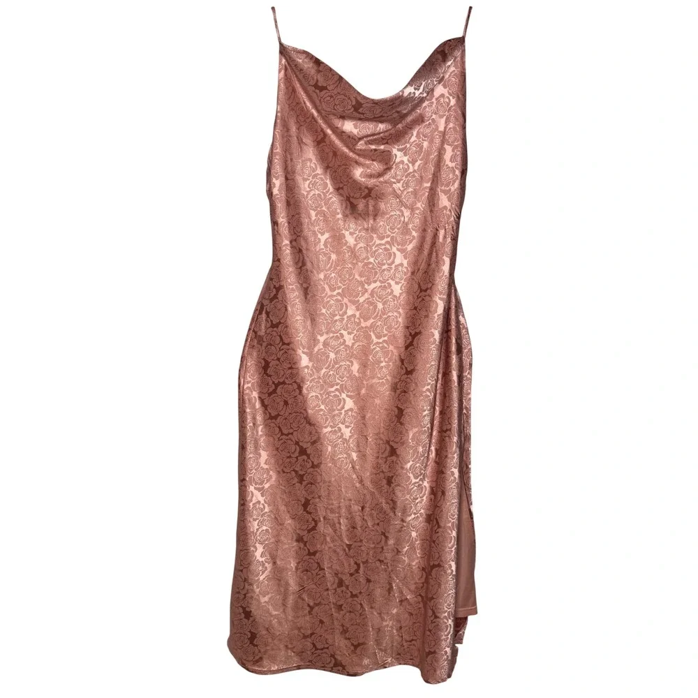 Lulus Rose Gold Floral Jacquard Cowl Neck Satin Midi Slip Dress Sz Small - Picture 2 of 10